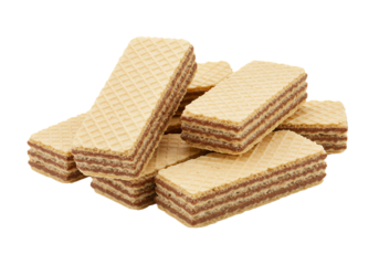 A small pile of crispy, rectangular wafer cookies, white background isolated