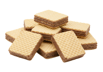 A pile of crispy, square chocolate wafer cookies, white background isolated