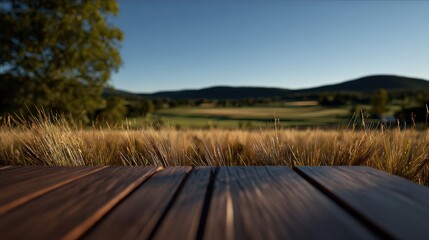 Wooden table in the foreground with a scenic view of tall grass, fields, trees, and hills under a clear blue sky