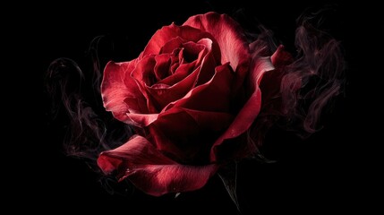 A single deep red rose with delicate petals is surrounded by wisps of smoke on a dramatic black background