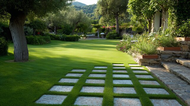 Lush green garden with stone pathway, featuring vibrant plants and a serene atmosphere, ideal for relaxation.