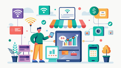 A man is standing in front of a store with a tablet in his hand. The tablet is displaying a 24-hour store. There are several other devices and objects in the scene, including a cell phone, a laptop