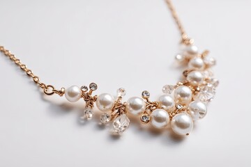 Delicate gold chain necklace adorned with creamy pearls and sparkling clear crystals, asymmetrically clustered