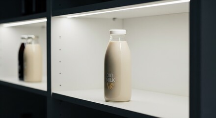 Glass bottle of oat milk on white retail shelf with backlight