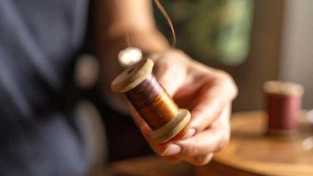 Close-up of hands holding a wooden spool with gradient brown threads, suggesting craftwork