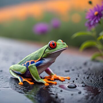 A vibrant red-eyed tree frog sits on a wet surface surrounded by colorful flowers. The frog has bright green skin with orange feet and blue markings.