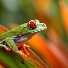 Fototapeta premium A vibrant red-eyed tree frog sits on a green leaf. The background features blurred orange and green foliage, creating a tropical atmosphere.