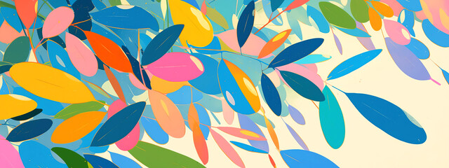 Colorful leaves in various shapes and sizes create a vibrant pattern against a soft background, showcasing a lively and artistic representation of nature's beauty and diversity