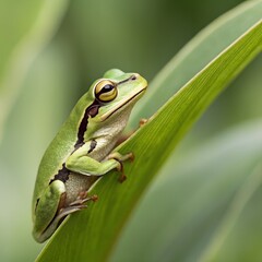 A green tree frog sits on a leaf. The frog has a smooth body with distinctive markings. The background is blurred with green foliage.