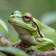 A close-up of a green tree frog resting on a branch. The frog has large eyes and smooth skin, surrounded by blurred green foliage.