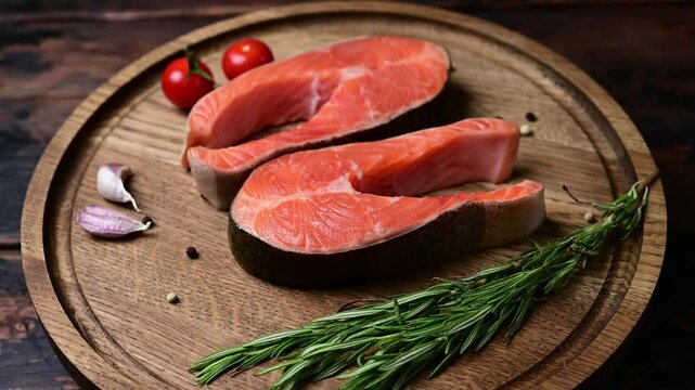 Preparing fresh rainbow trout steaks with rosemary and garlic for gourmet cooking