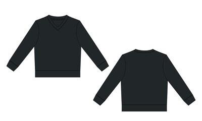 V neck long sleeve sweatshirt vector illustration black color template front and back views