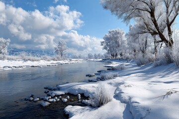 Snowy winter landscape with a calm river and frosted trees under a blue sky