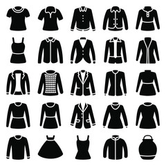 Collection of Black Silhouette Icons Depicting Various Womens and Mens Clothing Items Including Shirts Jackets Dresses Sweaters and a Dress