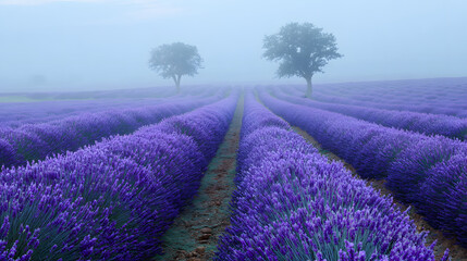 misty morning in a lavender field with rows of purple flowers stretching to the horizon under a pale blue sky in a soft fragrant and serene landscape