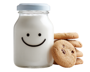 Smiling milk bottle, chocolate chip cookie, biscuit, and crunchy snack on transparency background, cheerful and inviting for breakfast or snack time