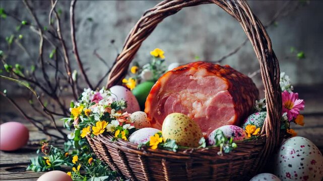 Ham inside Easter basket with decorations and eggs.