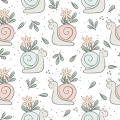 pastel color snails and green leaves