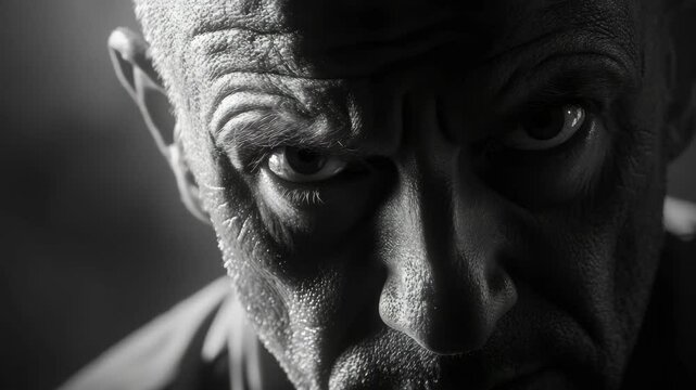 Man with intense gaze and stubble, exuding suspenseful mystery in a dark, moody setting.