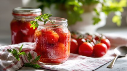 homemade canned tomatoes in juice, droplets on glass, natural texture, traditional preserving style