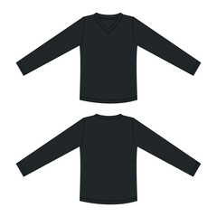 Long sleeve t shirt technical drawing fashion flat sketch vector illustration black Color template front and back