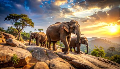 Wild Elephants on Rocky Terrain