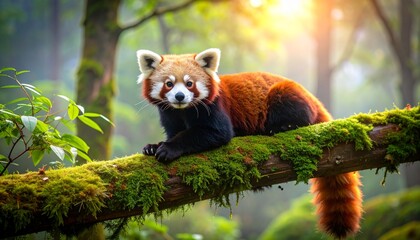 Fototapeta premium Red Panda on Mossy Tree