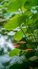 Vibrant Orange Fish Swimming Beneath Lotus Leaves in Serene Pond Reflecting Lush Green Plants and Textured Aquatic Foliage