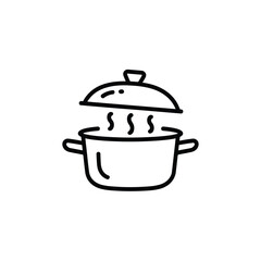 Simple line art illustration of a steaming pot with a slightly lifted lid
