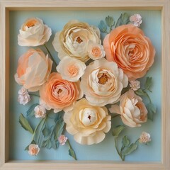 A vibrant arrangement of paper flowers in soft peach and cream tones.