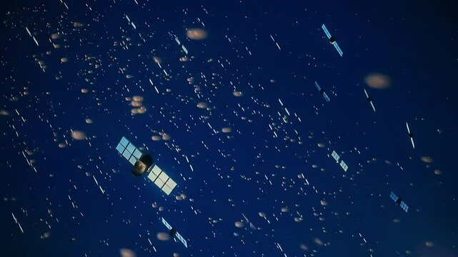 Numerous satellites and space debris drift and orbit through the vast blue expanse