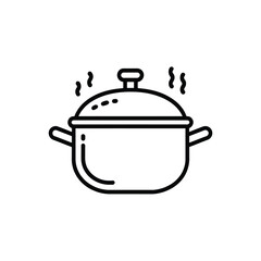 Simple line art icon of a steaming cooking pot with a lid