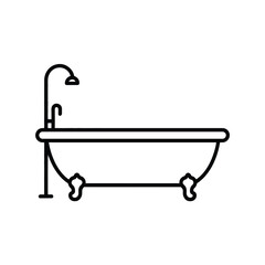 Simple outline illustration of a classic clawfoot bathtub with a shower head