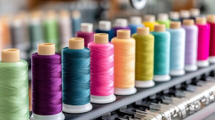 Vibrant spools of thread in a row on sewing machine embroidery rack