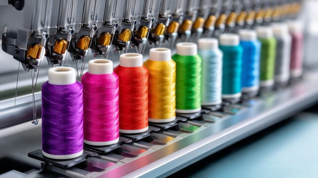 Colorful thread spools in modern embroidery machine for textile manufacturing