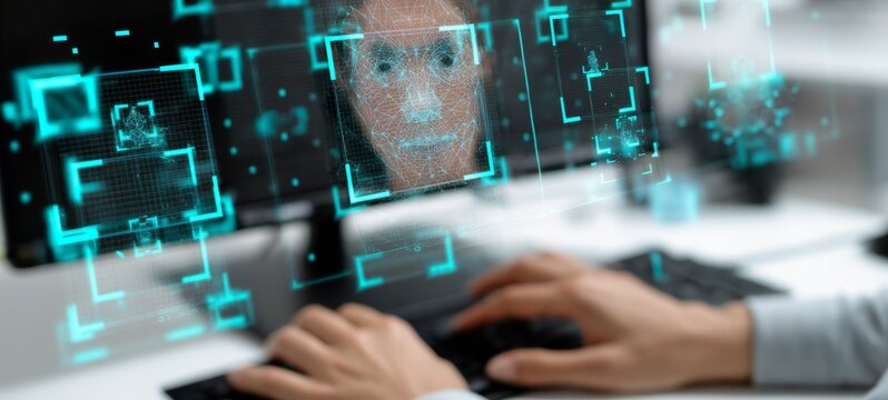 AI Computer Vision Interface with Glowing Cyan Face Boxes, Object Detection Outlines, Image Tags, Grid Scan Effects, and Soft Blurred Background of Typing Hands on Clean White and Neon Interface

 - Powered by Adobe