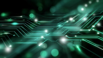 Futuristic circuitry with glowing green lines and dots on black background