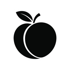 Simple black silhouette of a ripe peach with a leaf and stem