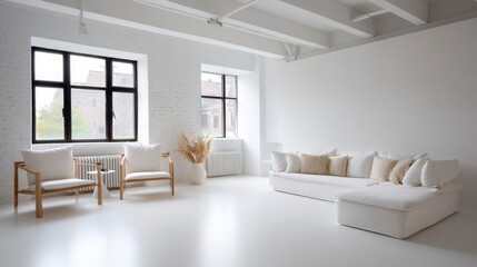 Fototapeta premium high-resolution interior of modern photo studio, white cyclorama wall, soft natural lighting, minimalist furniture, clean and spacious layout 