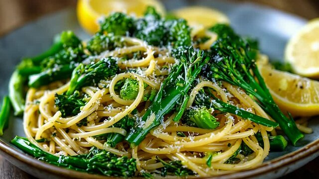 Freshly cooked pasta with broccolini and lemon slices in highdefinition closeup