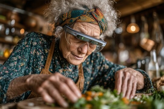 Elderly woman using augmented reality glasses in a smart kitchen preparing food - Powered by Adobe