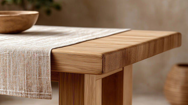 udio Interior with Empty Table Setting Featuring Bamboo Placemat and Brown Textured Wall Background, wooden table, bamboo mat, rustic background, product mockup, natural textures, empty tabletop, eart