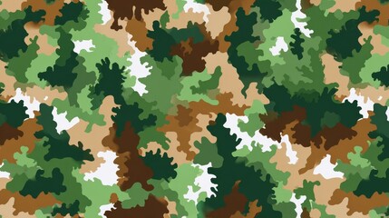 Camouflage pattern of green, brown, and beige abstract shapes