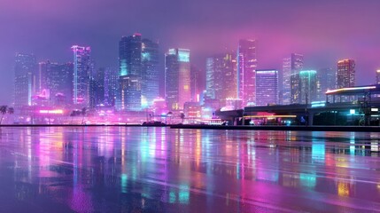 Vibrant neon cityscape at night with reflections and skyscrapers under misty sky