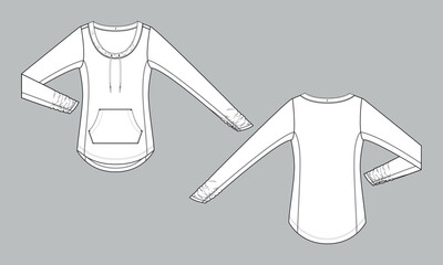 Long sleeve blouse t shirt tops technical drawing fashion flat sketch vector illustration template for ladies