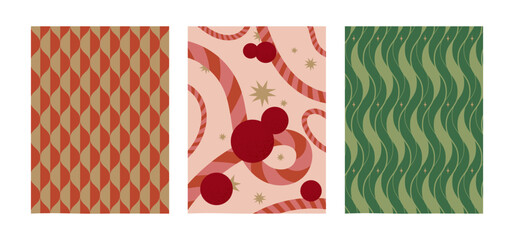 A festive set of three retro-style patterns. Red and tan geometric, candy-cane swirls with ornaments, and wavy green lines with golden stars.