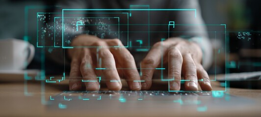 Hands typing blurred in background, foreground shows bounding box overlays, detection grids, and heatmap visuals on generic image outlines, clean vision UI style with teal and grey color palette

