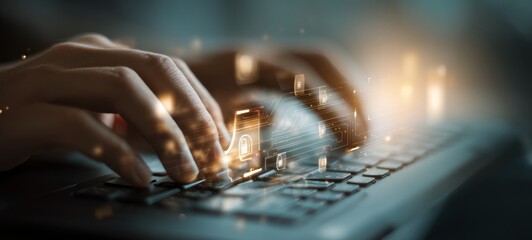 High-tech cybersecurity concept with semi-blurred hands typing on keyboard, glowing padlock icon, circuit lines, floating HUD display, digital shield symbols, bright secure interface

