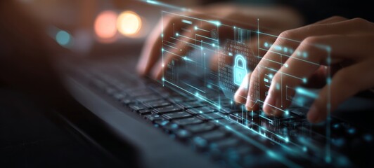High-tech cybersecurity concept with semi-blurred hands typing on keyboard, glowing padlock icon, circuit lines, floating HUD display, digital shield symbols, bright secure interface

