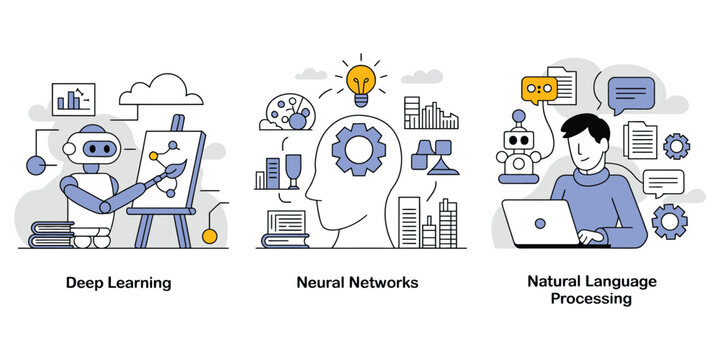 Artificial Intelligence Technology Concept &ndash; Robot Showing Data with Neural Networks, Voice Recognition, and Natural Language Processing for Automation, Machine Learning, and Data Science

